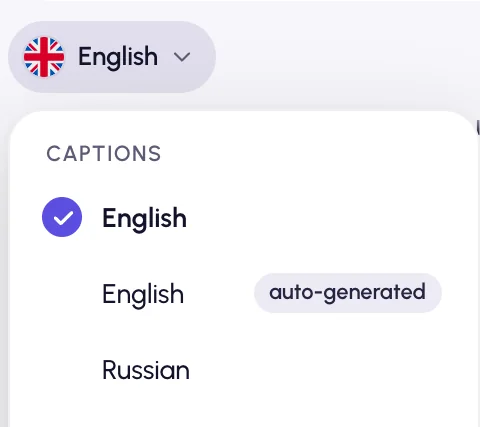 Caption track menu with English, Spanish and Russian tracks and a Translate to list