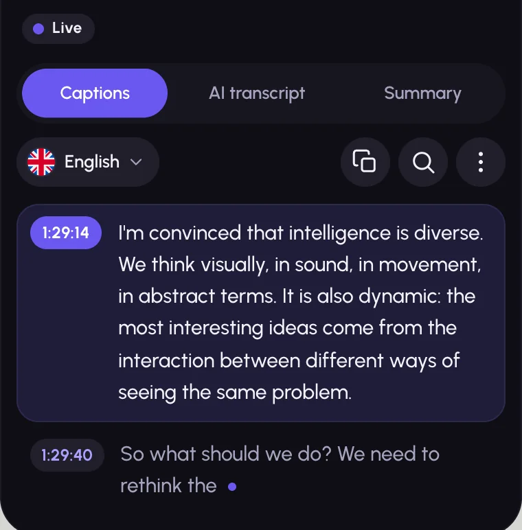 The panel on a live stream: a “Live” note and a transcript that keeps growing