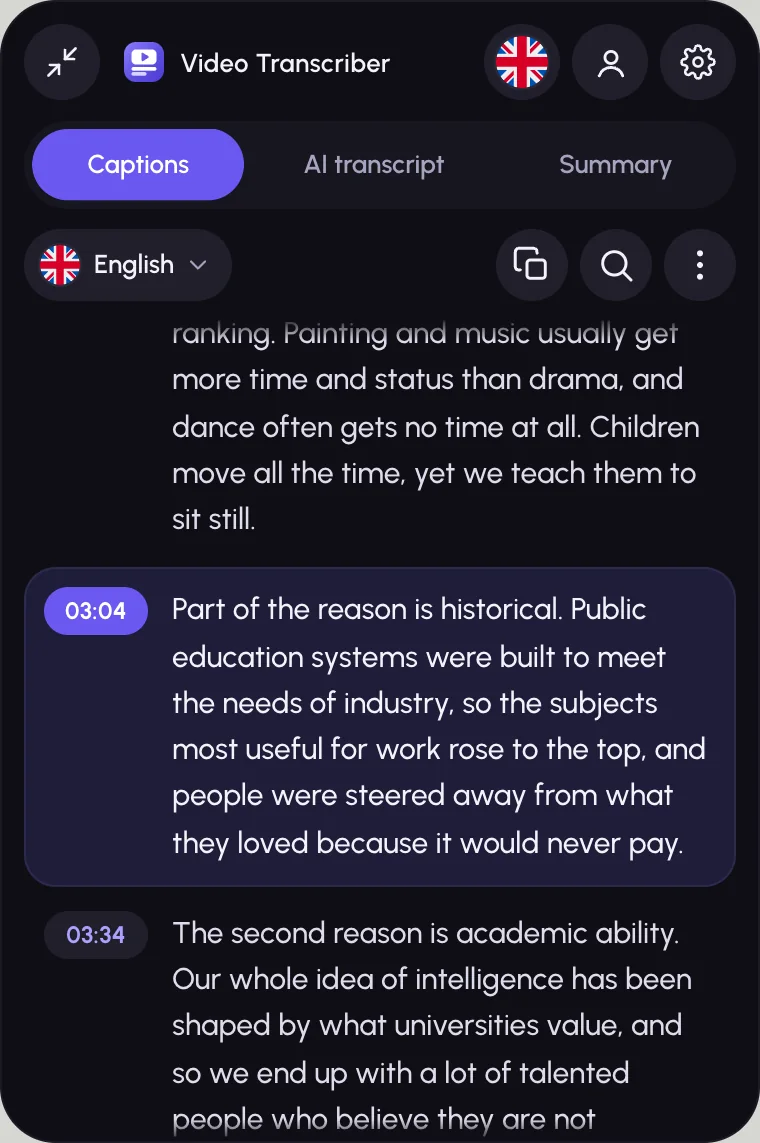 The Video Transcriber panel next to a video: tabs Captions, AI transcript and Summary, transcript paragraphs with timestamps
