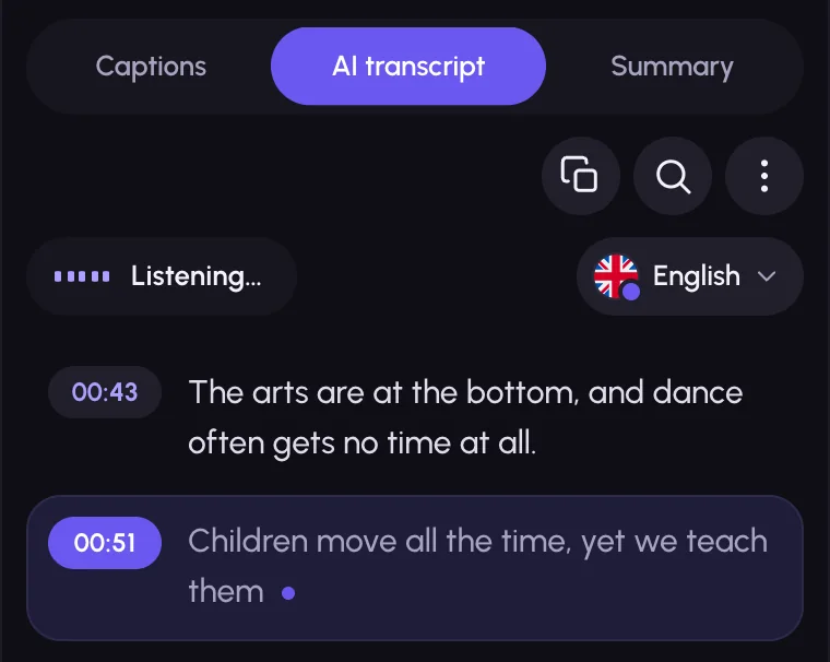 The AI transcript tab on a playing video: new lines with timestamps appear as they are spoken
