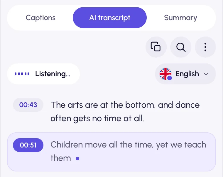 The AI transcript tab on a playing video: new lines with timestamps appear as they are spoken